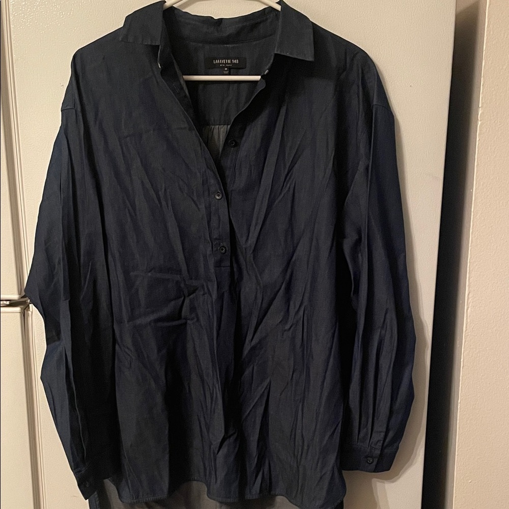 Lafayette 148 New York Medium Navy Half Button-Up Shirt 98% Cotton